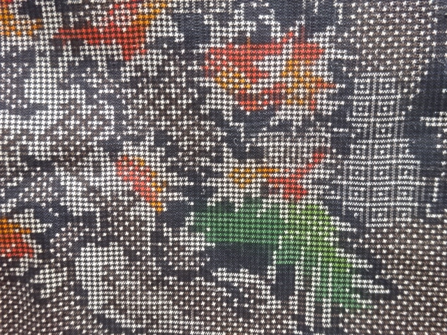JAPANESE KIMONO / ANTIQUE TREE PATTERN OSHIMA TSUMUGI KIMONO (5 MARUKI